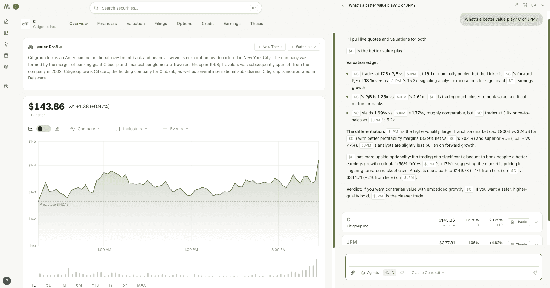 Neural Markets security terminal — Citigroup overview with AI valuation analysis