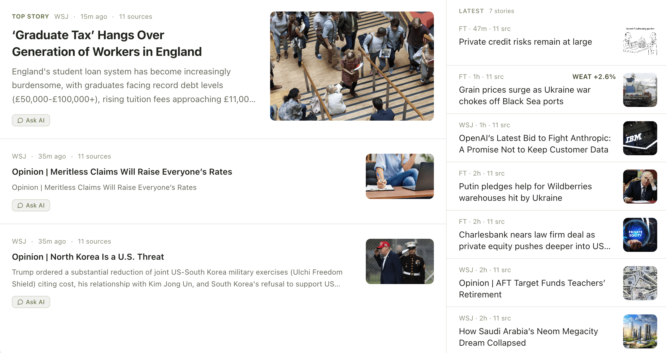News feed — top stories across your coverage