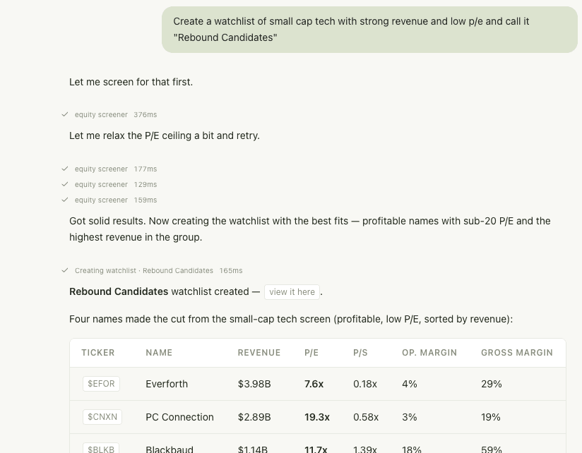 Screener results — fundamentals inline with AI follow-up
